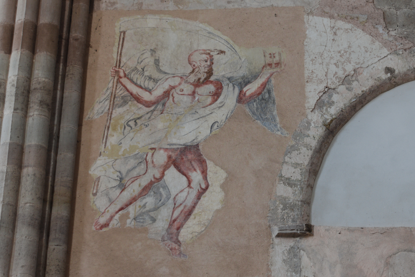 An eighteenth century wall painting of Father Time, Dore Abbey, Abbey Dore, Herefordshire, England, Great Britain