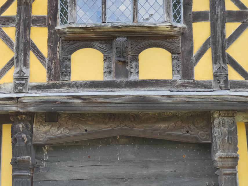 View of carving on the gatehouse, Stokesay Castle, Shropshire, Great Britain