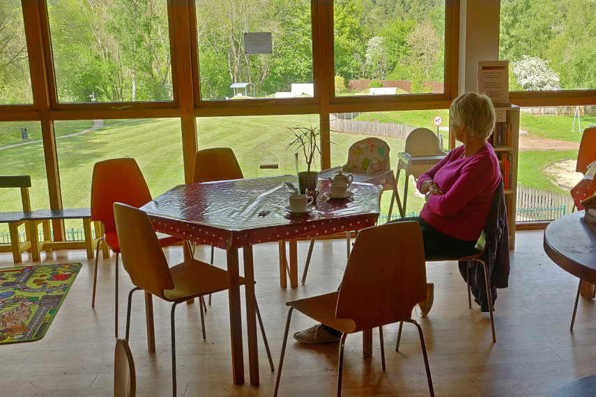 View of the park from inside Offa's Dyke Centre, Knighton, Radnorshire, Wales