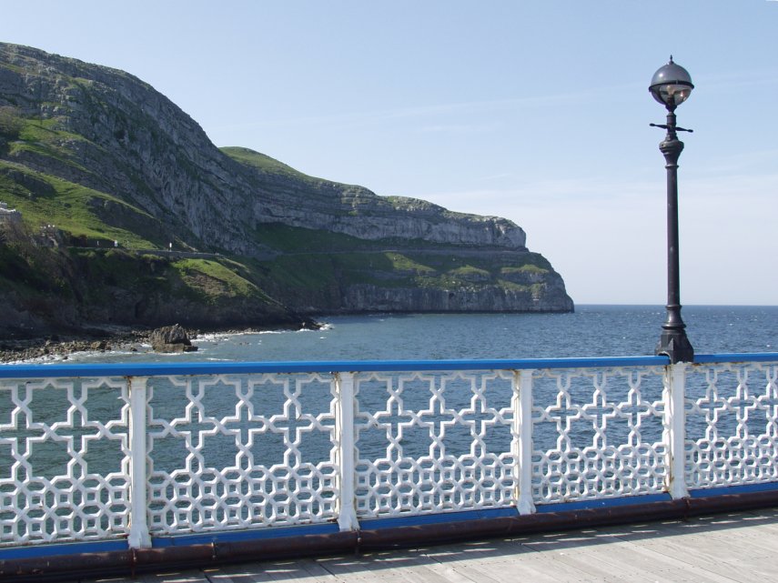 The Great Orme cliffs from the pier, Llandudno, Caernarfonshire, Wales, Great Britain