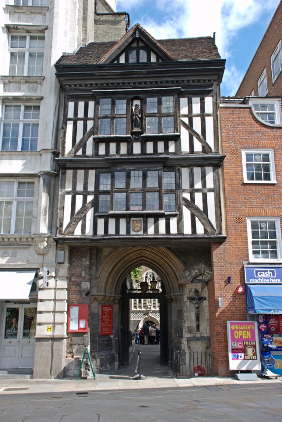 Front view of the Gatehouse, Church of St. Bartholomew the Great, Barbican, London, England, Great Britain