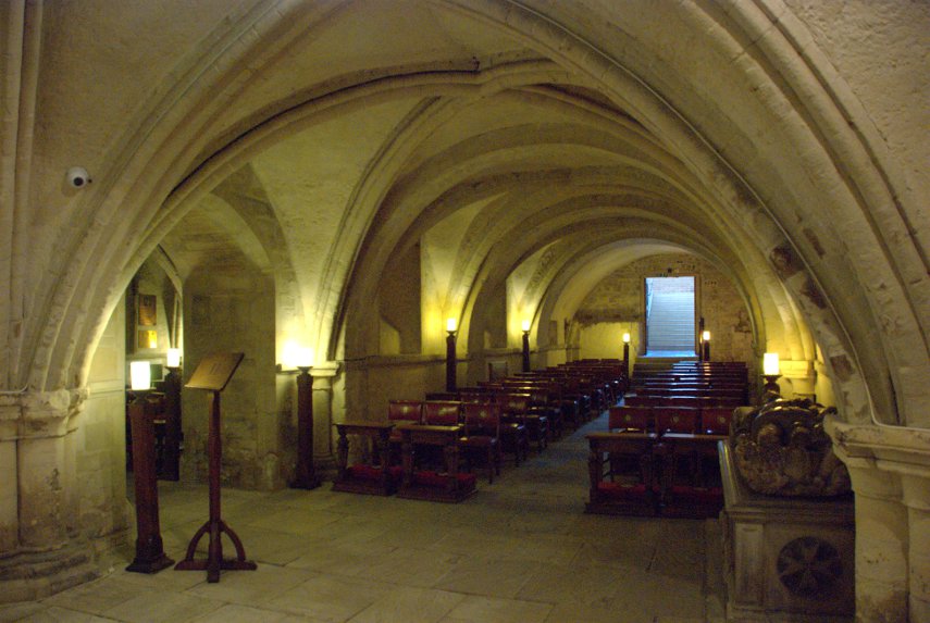 View towards the entrance, 12th century crypt, St. John's Church, Clerkenwell, London, England, Great Britain