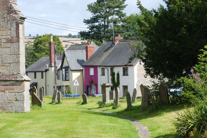 Some attractive old cottages seen from the churchyard, Presteigne, Radnorshire, Wales