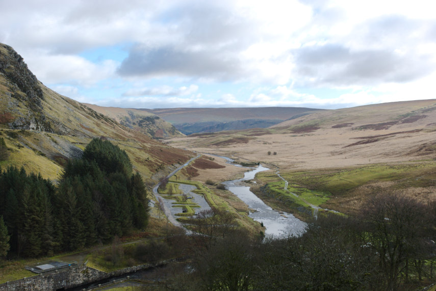 the view downstream from the top of the Claerwen Dam, Elan Valley, Rhayader, Radnorshire